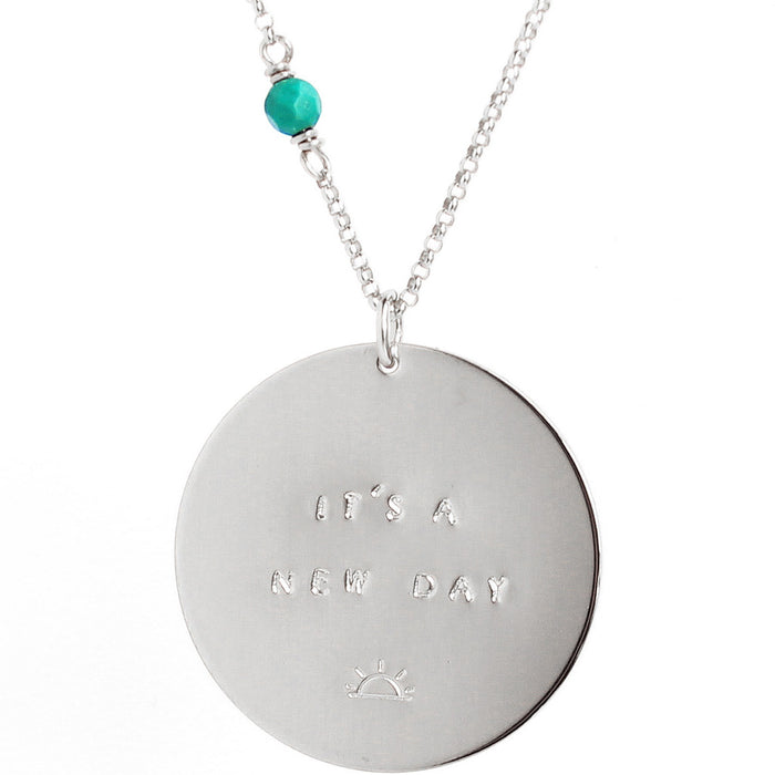Mantra Coin Phrase Disc Necklace - silver - personalized with Its a New Day - Blooming Lotus Jewelry