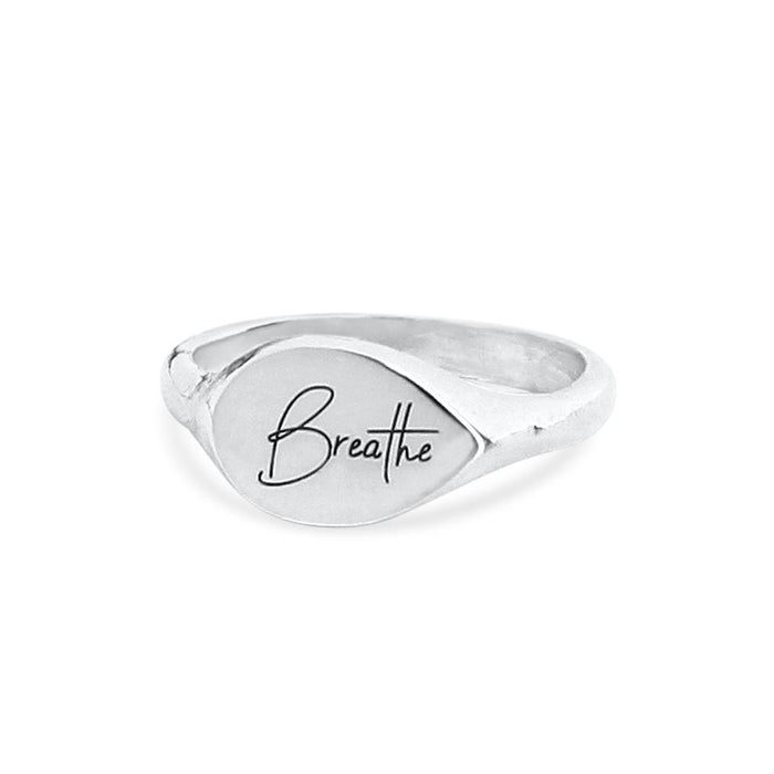 Personalized Mantra Signet Ring silver engraved with Breathe - Blooming Lotus Jewelry