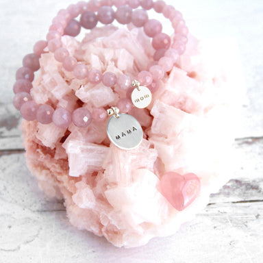 Mom Mama Rose Quartz Bracelets with silver charms on top of crystal - Blooming Lotus Jewelry