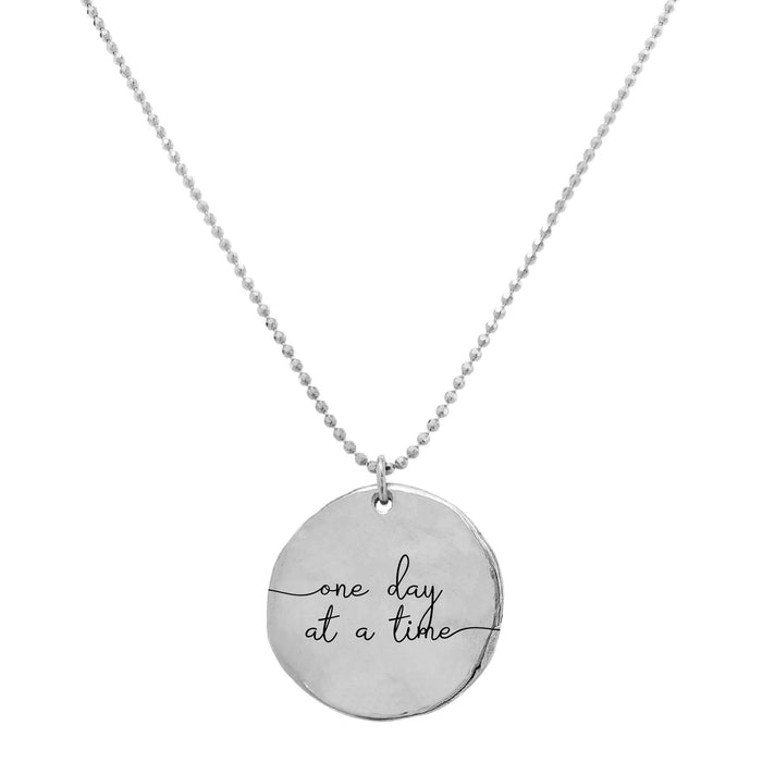 Organic Mantra Coin Disc Necklace engraved with one day at a time - personalized gifts - one day at at time - Blooming Lotus Jewelry