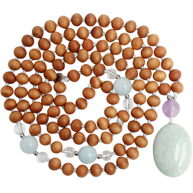 Serenity Mala Beads - sandalwood and Aquamarine top view - Blooming Lotus Jewelry