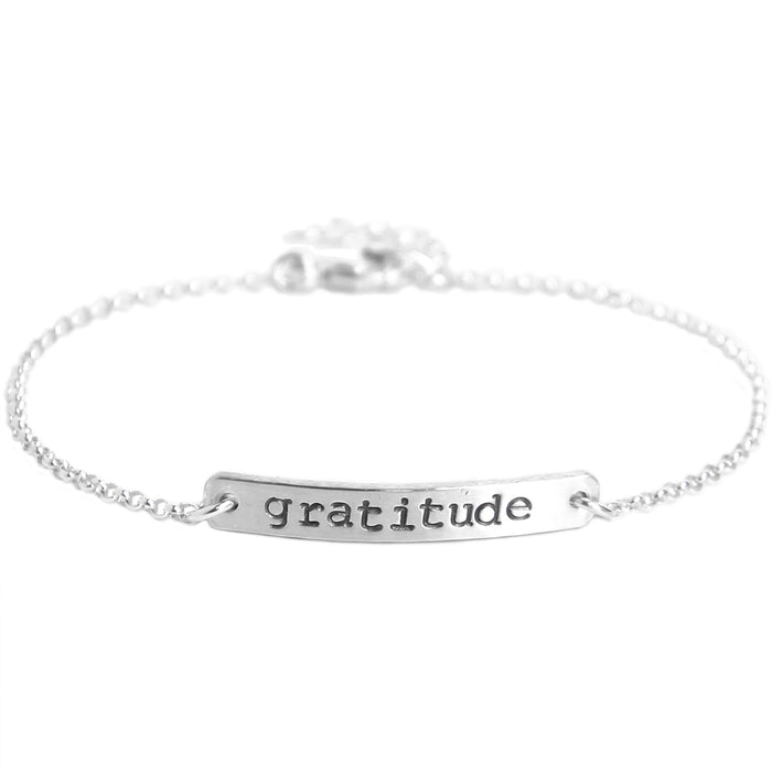 Silver mantra bar chain bracelet hand-stamped with gratitude