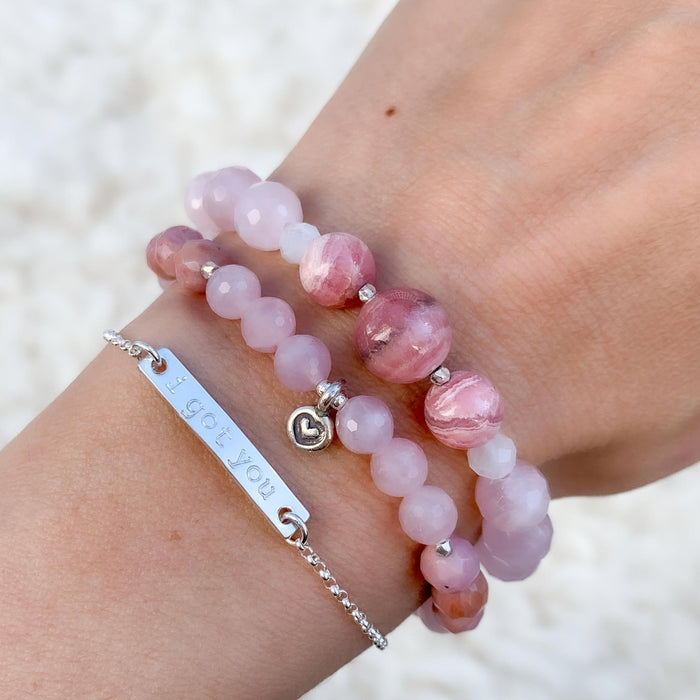 Pink Beads and Silver Heart Spacers Bracelet