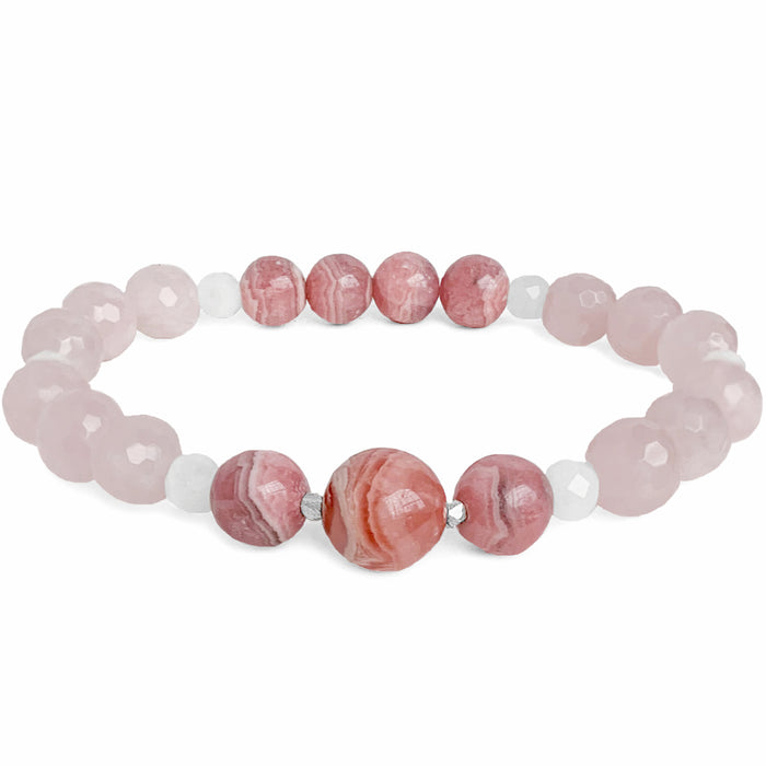 Soulmate Gemstone Bracelet with Rose Quartz Rhodochrosite Moonstone and silver spacer beads - Blooming Lotus Jewelry
