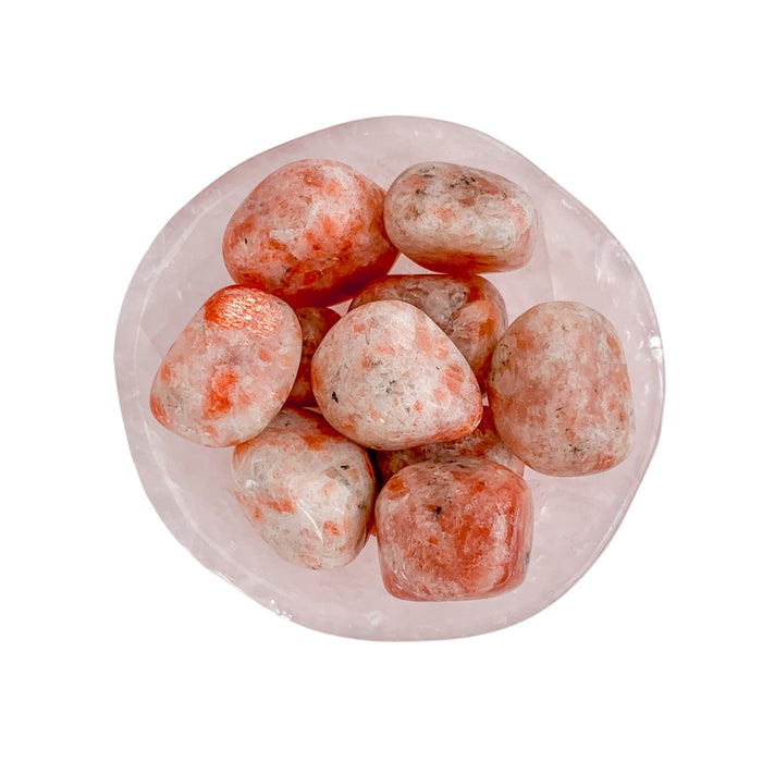 Sunstone Tumbled gemstones in rose quartz dish - Crystal Shop - Blooming Lotus Jewelry