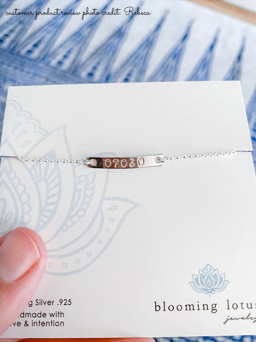Hoboken Zip Code Bracelet 07030 silver on product card - Blooming Lotus Jewelry