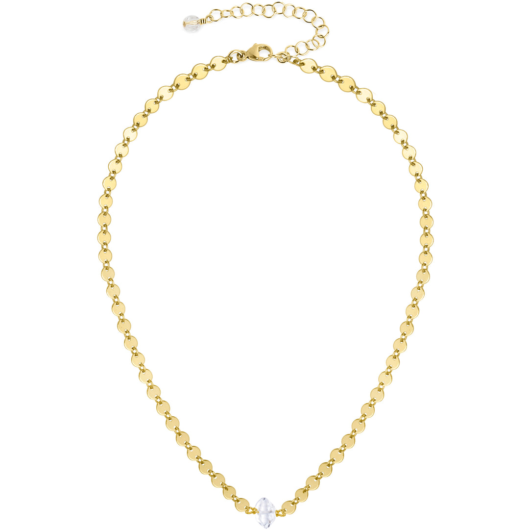 Gold-filled Herkimer Diamond choker necklace featuring a natural double-terminated clear quartz crystal on a gold disc chain.