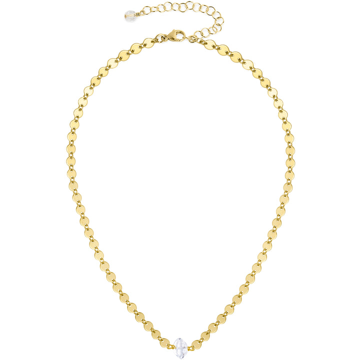 Gold-filled Herkimer Diamond choker necklace featuring a natural double-terminated clear quartz crystal on a gold disc chain.