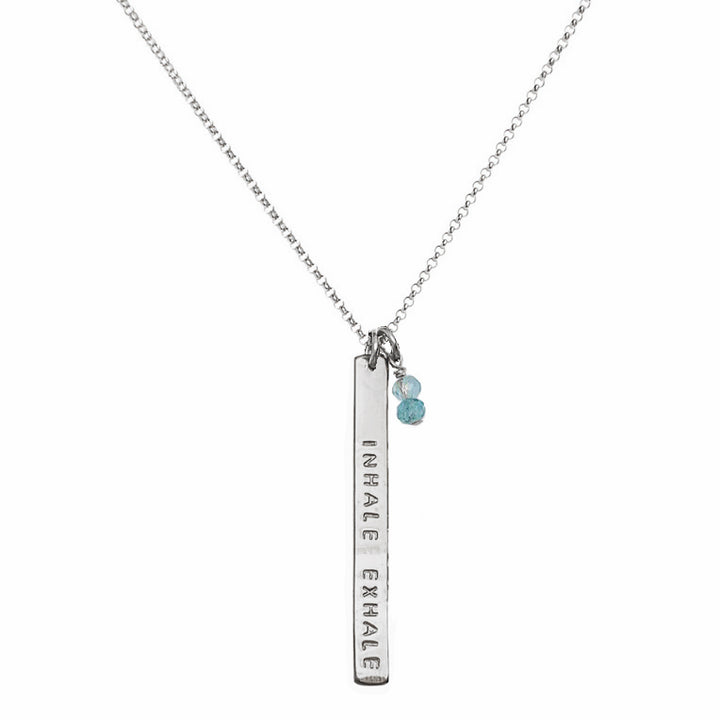 Sterling silver personalized bar necklace stamped with “INHALE EXHALE,” paired with aquamarine gemstone charms on a chain — Skinny Mantra Bar Necklace by Blooming Lotus Jewelry.