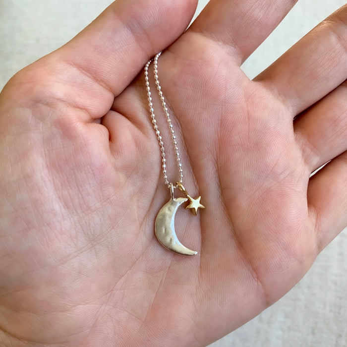 Luna Crescent Moon and Star Necklace | Solid 14k Gold